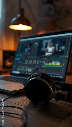 Video Editing Process on Laptop with Professional Headphones in Dark Room