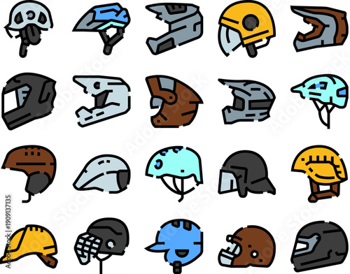 Collection of helmet icon designs for sports, work and recreation showing varied head protection styles vector line illustrations for safety, gear, ui and infographic use