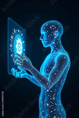 Humanoid Figure Interacting with Digital Interface AI and Technology.