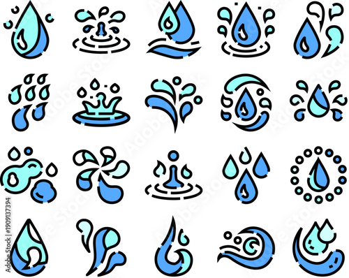 Collection of outlined water drop, splash, and ripple icons featuring various forms and dynamics of liquid, representing concepts like purity, hydration, and fluid motion