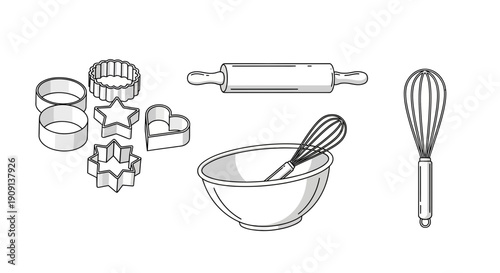 Baking Utensils: Rolling Pin, Whisk, Bowl, and Cookie Cutters - Isolated on White