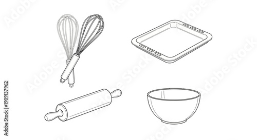 Baking Utensils: Whisk, Rolling Pin, Bowl, and Baking Sheet - Line Art