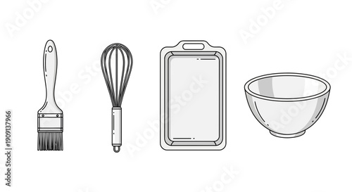 Baking Utensils Set: Whisk, Brush, Bowl, and Baking Sheet Isolated on White Background