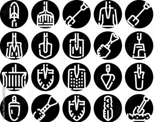 Shoveling and digging gardening tools glyph icons representing various spades, shovels, rakes, and trowels used in agriculture, construction, and horticulture
