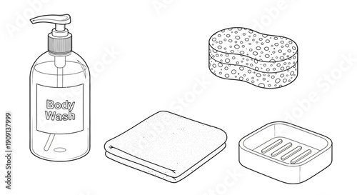 Bathroom Essentials: Body Wash, Sponge, Towel, Soap Dish - Cleanliness and Hygiene Concept