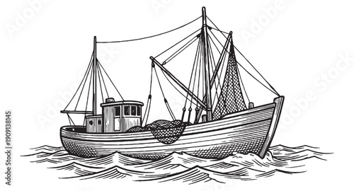 Classic wooden fishing trawler with nets and rigging sailing on wavy seas in a vintage nautical engraving style.