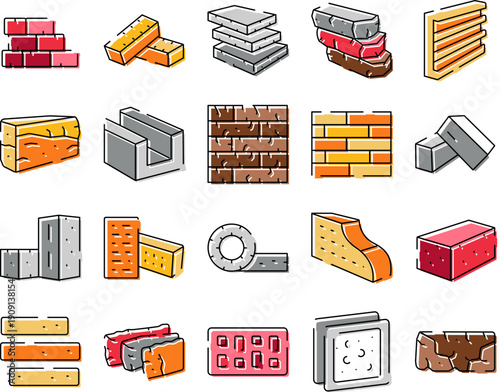 Representing various types of bricks, blocks, and construction elements, this vector collection shows different forms and textures used in building walls and architectural structures