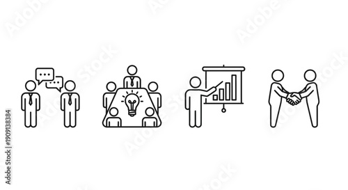 Business meeting icons: discussion, brainstorming, presentation, handshake, teamwork, strategy