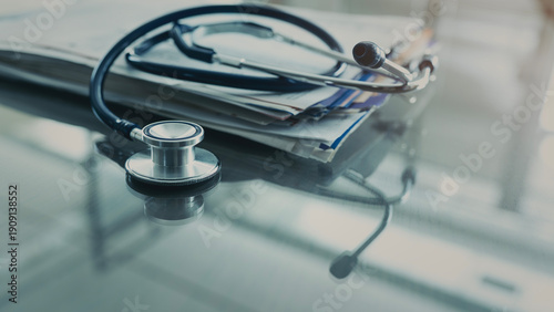 Tableau sur toile Medical data and stethoscope on table