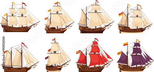 Collection of vintage wooden sailing ships with masts flags and sails on white background cad drawing flat vector illustration.