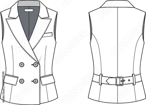 Stylish Double-Breasted Vest Illustration for Fashion Design and Technical Drawings, Representing Contemporary Womenswear and Professional Attire
