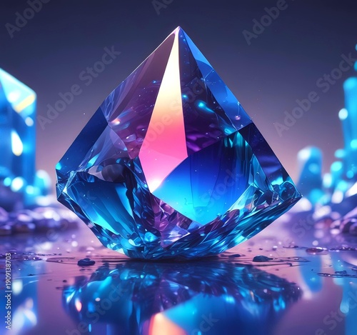 Abstract crystal gemstone texture background, faceted diamond shapes, pink and purple neon glow