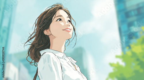 青空を見上げるビジネスウーマンとコピースペース（横顔）（生成AI)