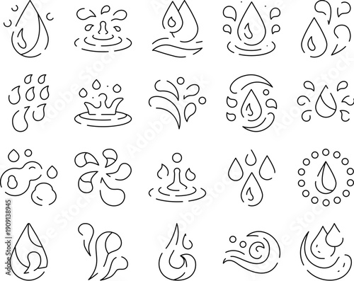 Collection of outline water icons representing drops, splashes, ripples, waves, and organic liquid shapes, illustrating concepts of purity, freshness, and hydration