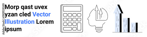 Business development, financial planning, productivity, innovation, analytics, technology. Features a calculator, brain silhouette with arrows and a bar graph. Business development and financial