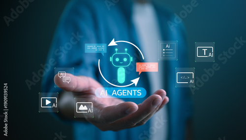 Foto Multi AI agents concept with virtual chatbot icons and automation workflow, representing intelligent systems collaboration, generative artificial intelligence and digital business transformation