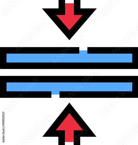 Red arrows press down and up on a blue bar, symbolizing compression, opposing forces and pressure in an abstract flat icon for engineering, mechanics and stress analysis