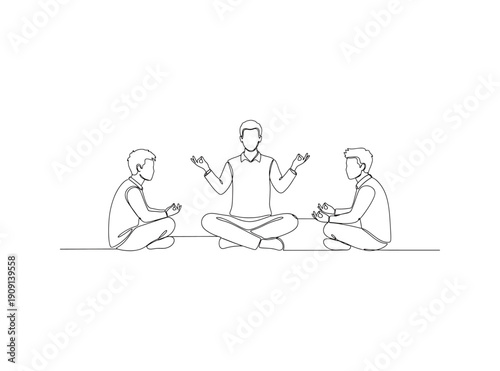 Continuous line drawing of people meditating together in yoga position