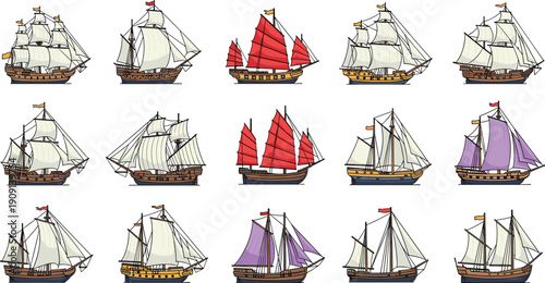 Vintage wooden sailing ship set with galleon frigate and junk boat for nautical vector illustration, cad drawing flat vector illustration