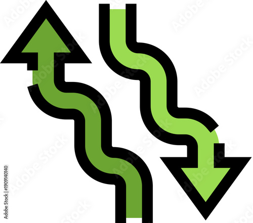 Two distinct green wavy arrows with black outlines pointing in opposite directions, symbolizing divergence, decision making, choice, and contrast on a white background