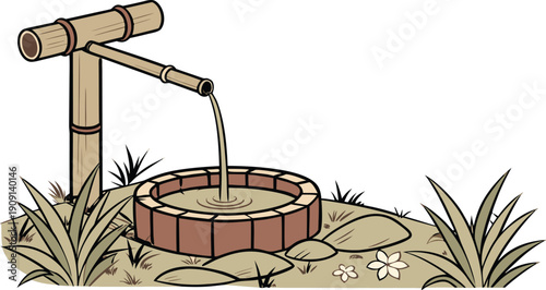 Cartoon well with bamboo pipe and brick basin surrounded by plants and rocks isolated on white background