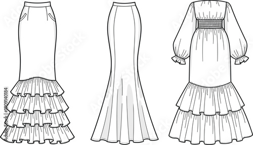 Fashion Forward: Detailed Technical Drawings of Skirts and Dresses for Designers and Pattern Makers, Featuring Ruffled Hemlines and Modern Silhouettes