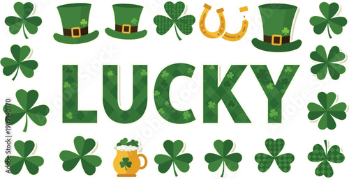 Saint Patricks Day vector illustration set featuring a green leprechaun hat, Irish shamrock clover, and a pot of gold symbol for a lucky March holiday celebration in Ireland
