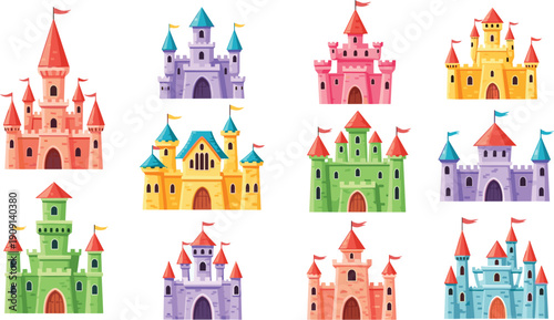 Colorful fairy tale castle set with towers flags and fortresses cad drawing flat vector illustration