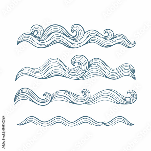 Seamless vector illustration featuring a set of wavy blue sea water patterns and liquid ocean line curves for elegant nature wallpaper design