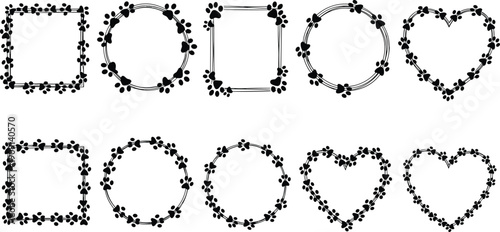 Paw print frames set with heart circle square borders cad drawing flat vector illustration collection