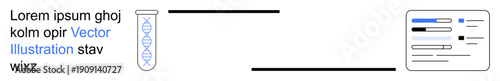 Genetic research, laboratory testing, bioinformatics, scientific data, healthcare innovation, technology in science. A DNA helix in a test tube connected by lines to a data sheet. Genetic research