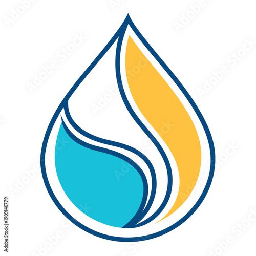 A stylized teardrop logo with blue, white, and yellow colors