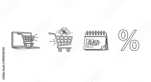 Black Friday Shopping Icons: Laptop, Cart, Calendar, Percentage Signs
