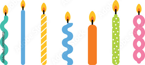 Birthday candle illustration set, colorful designs with wavy, striped, polka dot, twisted shapes, festive celebration theme, flat vector artwork collection
