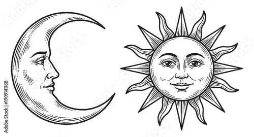 Personified celestial sun and crescent moon with human faces vintage astronomical engraving style.