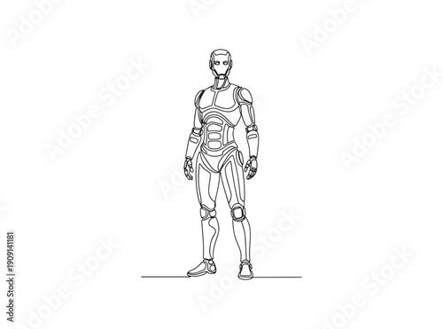 Futuristic robot character standing upright on a plain background