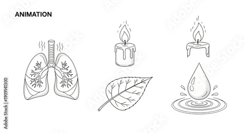 Animated Icons: Lungs, Leaf, Candle, Water Drop - Health, Nature, Energy, Life