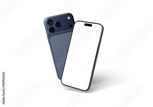 Two floating modern smartphones isolated on transparent background. Front and back views of mobile phones. Deep blue color