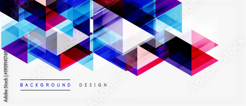 Abstract geometric shapes create dynamic composition. Blue, purple, pink hues dominate design, offering modern aesthetic.