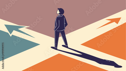 Confident businessman stands poised at a crossroads, weighing options and contemplating his next move with a sense of determination and ambition