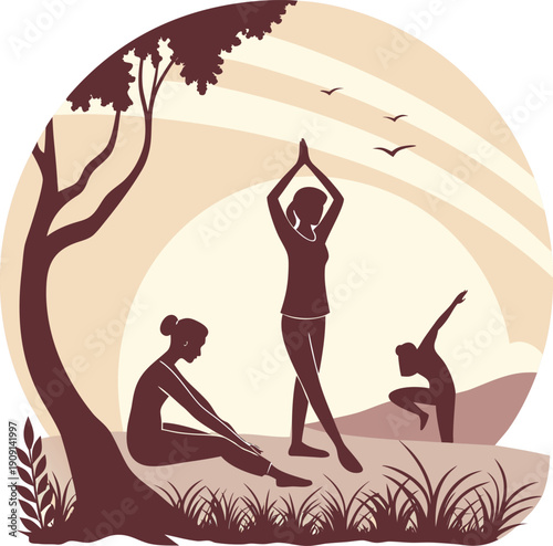Yoga practice in nature vector illustration, people doing yoga poses outdoors in serene environment, serene landscape with tree and sunset.