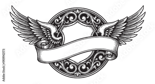 Circular ornamental baroque frame with outstretched wings and empty ribbon banner vintage engraving style.