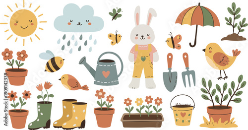 Garden and gardening tools with cute cartoon animals and weather