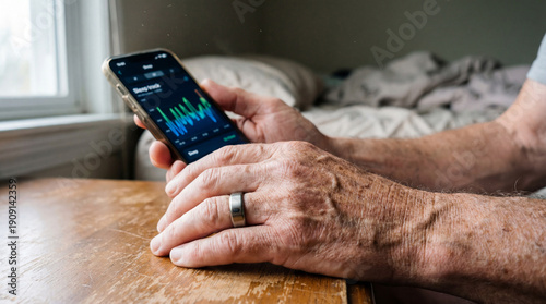 Close-up of an older man’s hands wearing a sleek titanium smart ring as he checks colorful sleep-tracking graphs on a modern smartphone in a cozy bedroom.