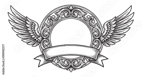 Circular ornamental baroque frame with outstretched wings and empty ribbon banner vintage engraving style.