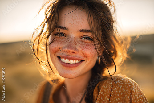Close - up of a smiling young woman with freckles and wind - tousled braid, golden - hour backlight, mustard floral dress and hoop earring