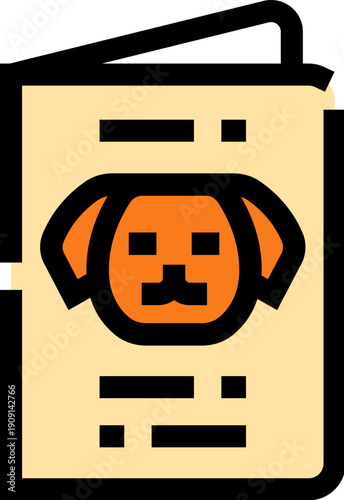 Dog pet passport illustration displaying a cute canine face icon on a colored booklet, symbolizing pet identification, health records, and international travel requirements