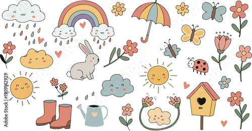 Whimsical illustration of rain clouds flowers animals and sunshine for kids