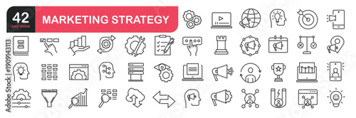 Set of line icons related to marketing, analytics, CEO, market share, marketing automation, voice of customer. Outline icons collection. Editable stroke. Vector illustration