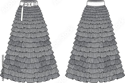 Fashionable Ruffled Skirt Design Template for Designers: Versatile and Elegant Garment Creation with Detailed Vector Illustration and Technical Drawing for Apparel Mockups and Style Guides